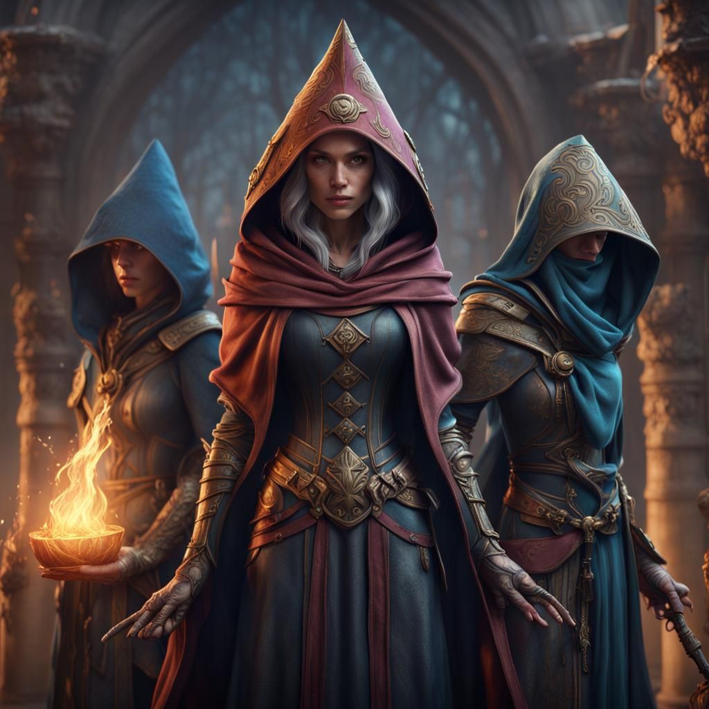 Powerful Hooded Wizard with Guards in Fantasy Art