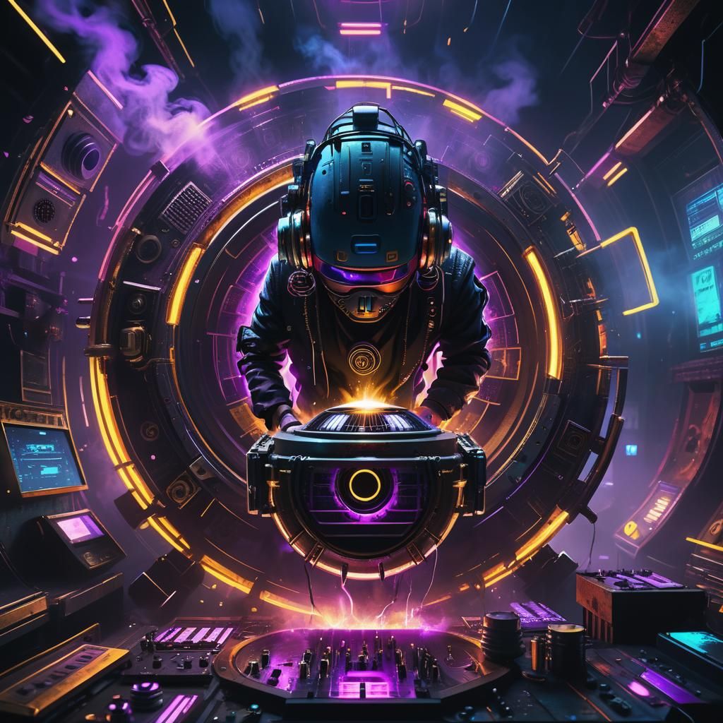 Steampunk DJ Operating Futuristic Speaker in Cyberpunk Style
