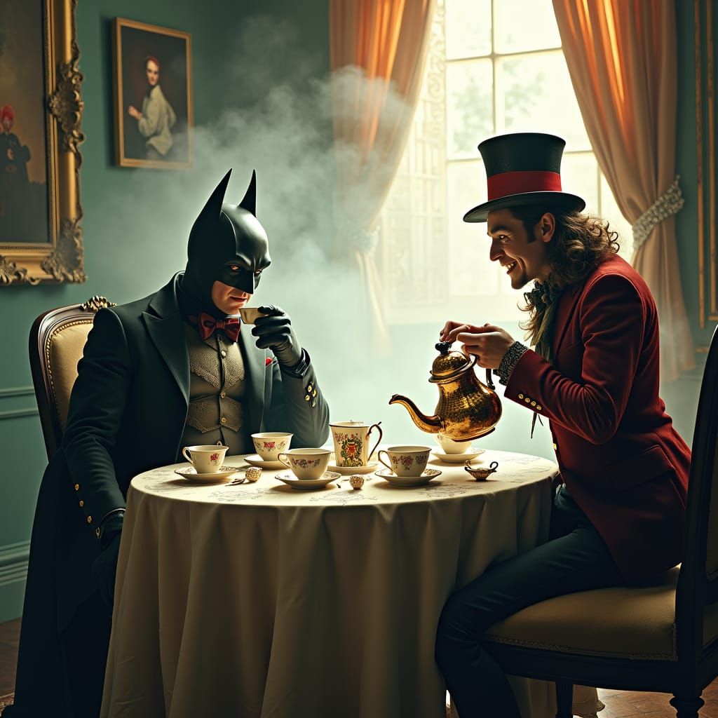 Batman's Mad Tea Party in a Pop-Surrealist Dreamscape