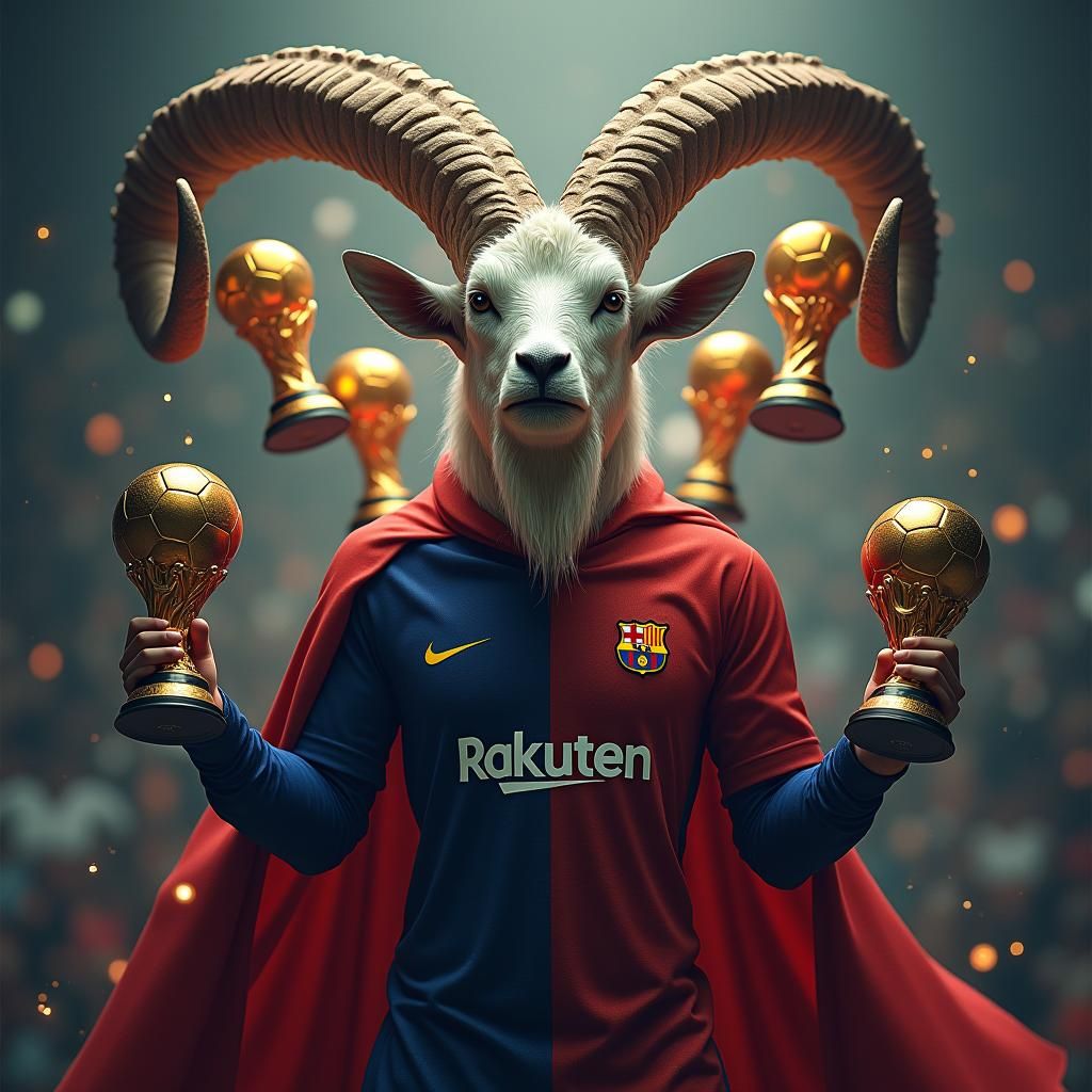 Surreal Goat-Headed Messi with Ballon d'Ors