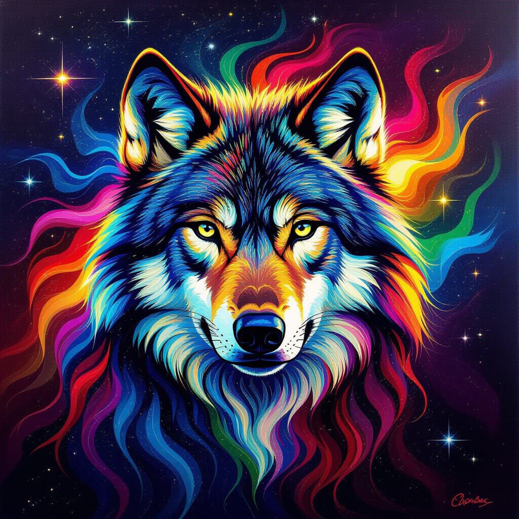 Psychedelic Rainbow Wolf Portrait in Cosmic Style