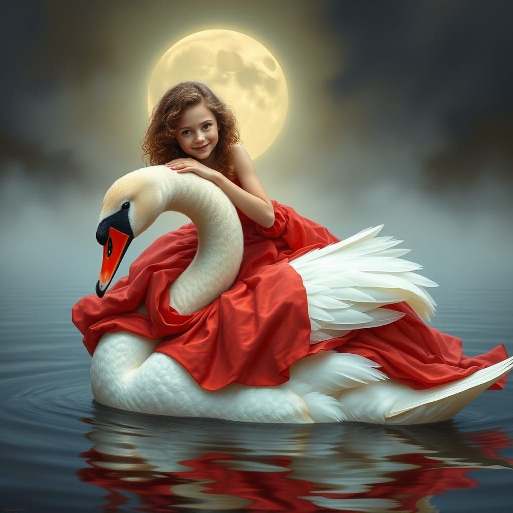 Serene Lake Scene with Majestic Swan and Enchanting Young Gi...