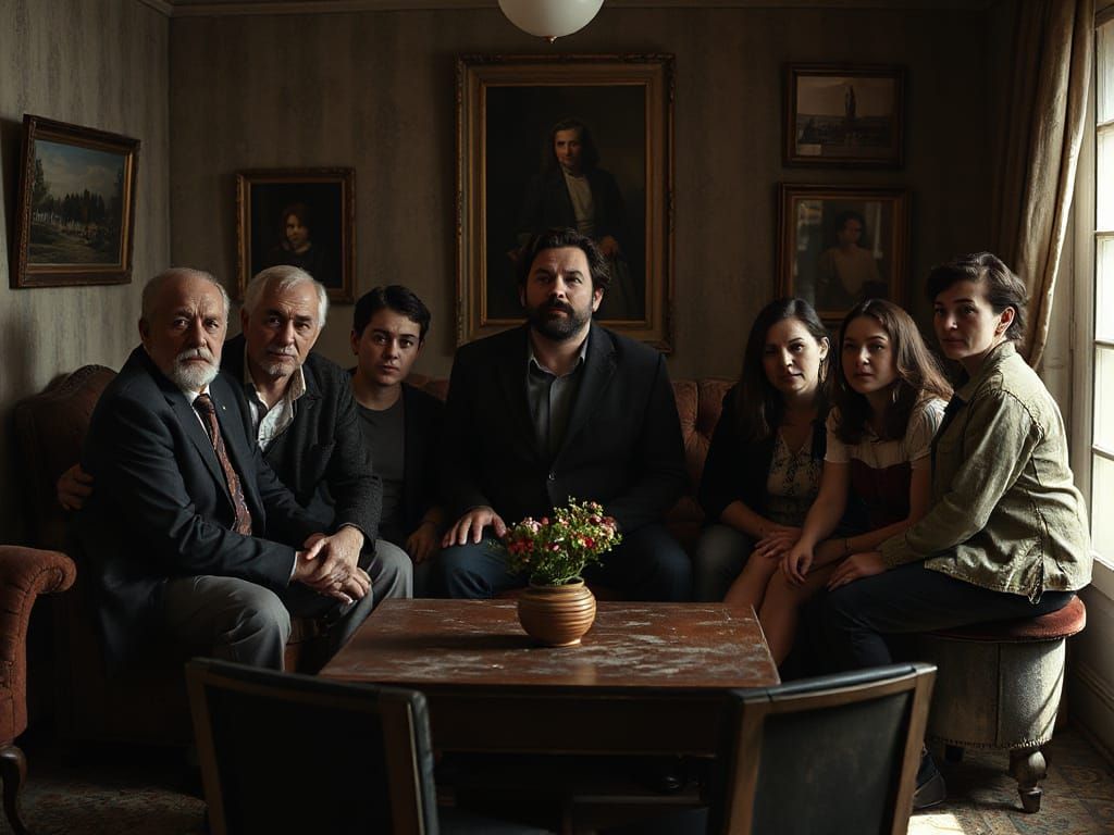 Friends in Tuscan Salon, Faces Distorted by Emotion