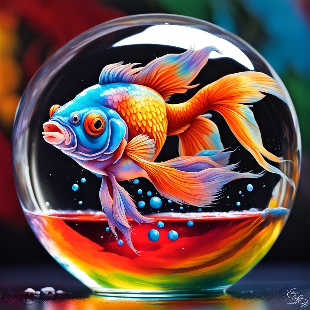Rainbow Fantail Goldfish with Cat Head in Graffiti Style