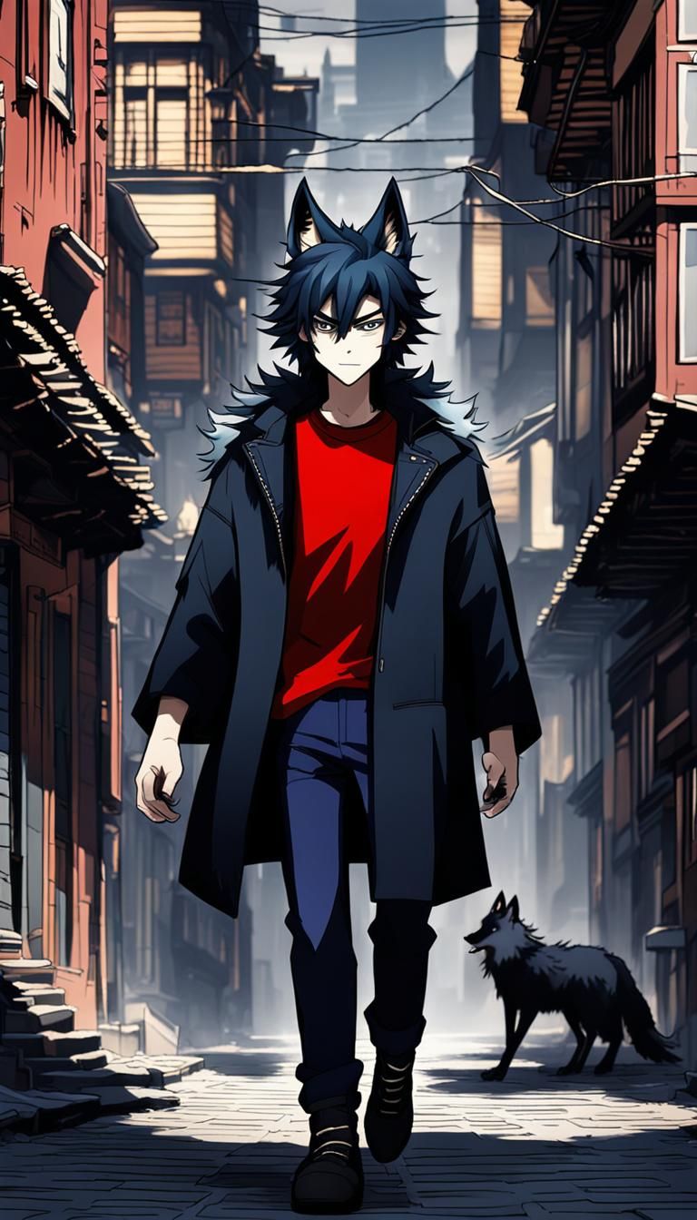 Anime Wolf Boy Walking in Town