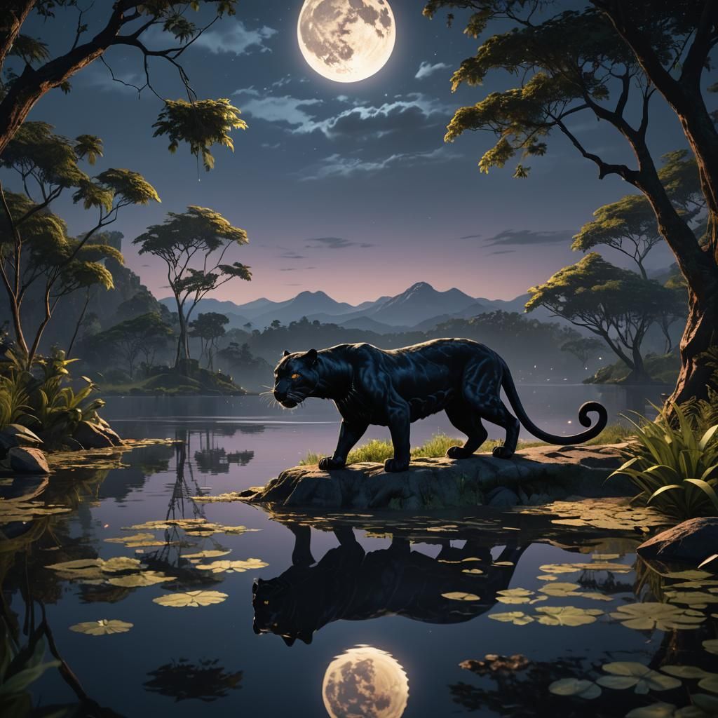 Black Panther at Night: Detailed Fantasy Painting