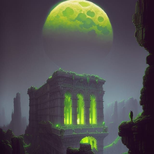 Brooding Stone Heads in Sci-Fi Ruins under Moon