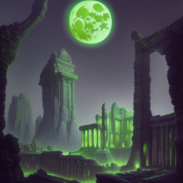 Brooding Stone Heads in Sci-Fi Ruins: Digital Art