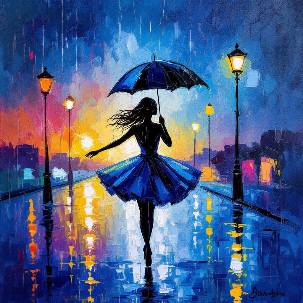 Woman Dancing in Rainstorm: Expressionist Impasto Painting