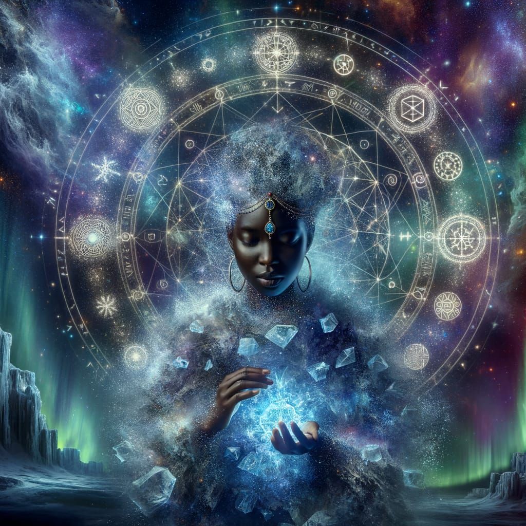 Empowered Woman Harnessing Nordic Runes in Space