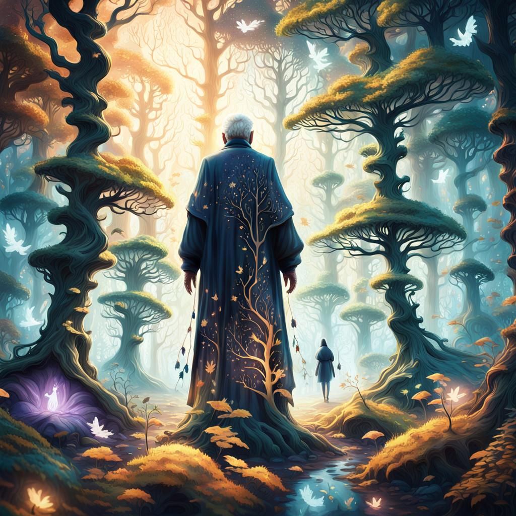 Mystical Forest: Elderly Figure with Whispering Ghosts