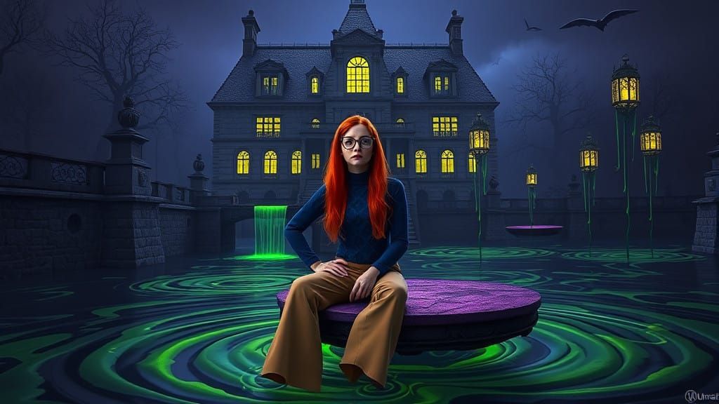 Dark Fantasy Mansion with Glowing Slime Moat and Floating Pl...