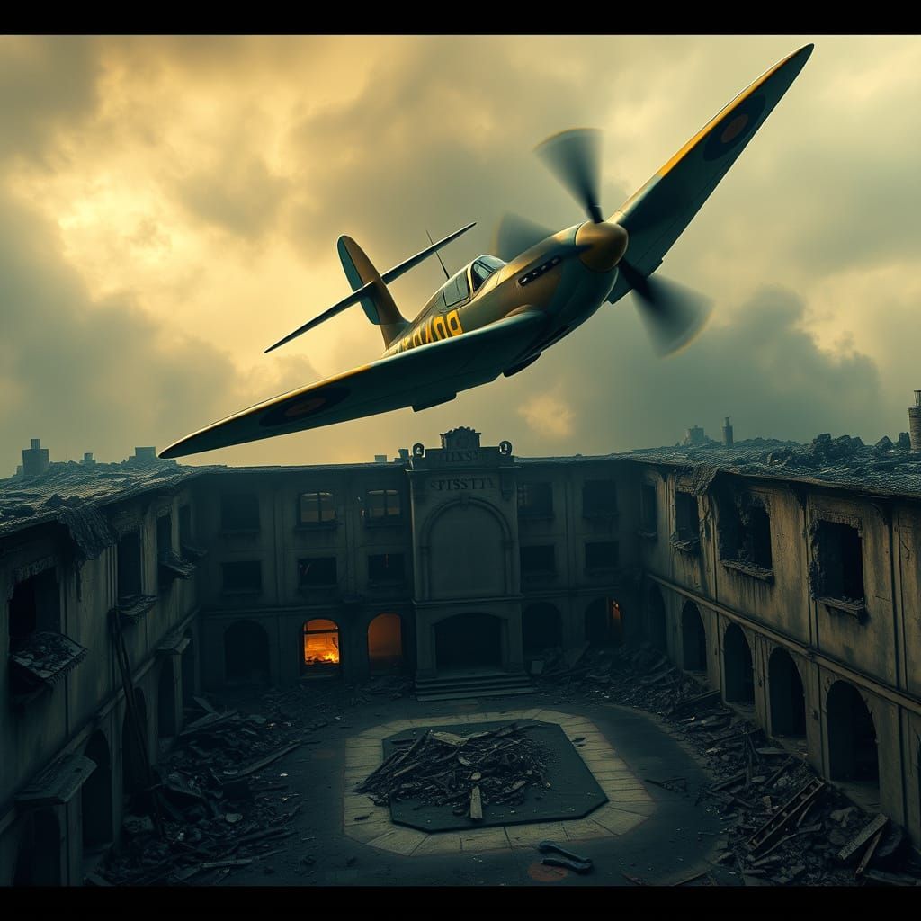 Spitfire Soaring Over a War-Torn Hospital