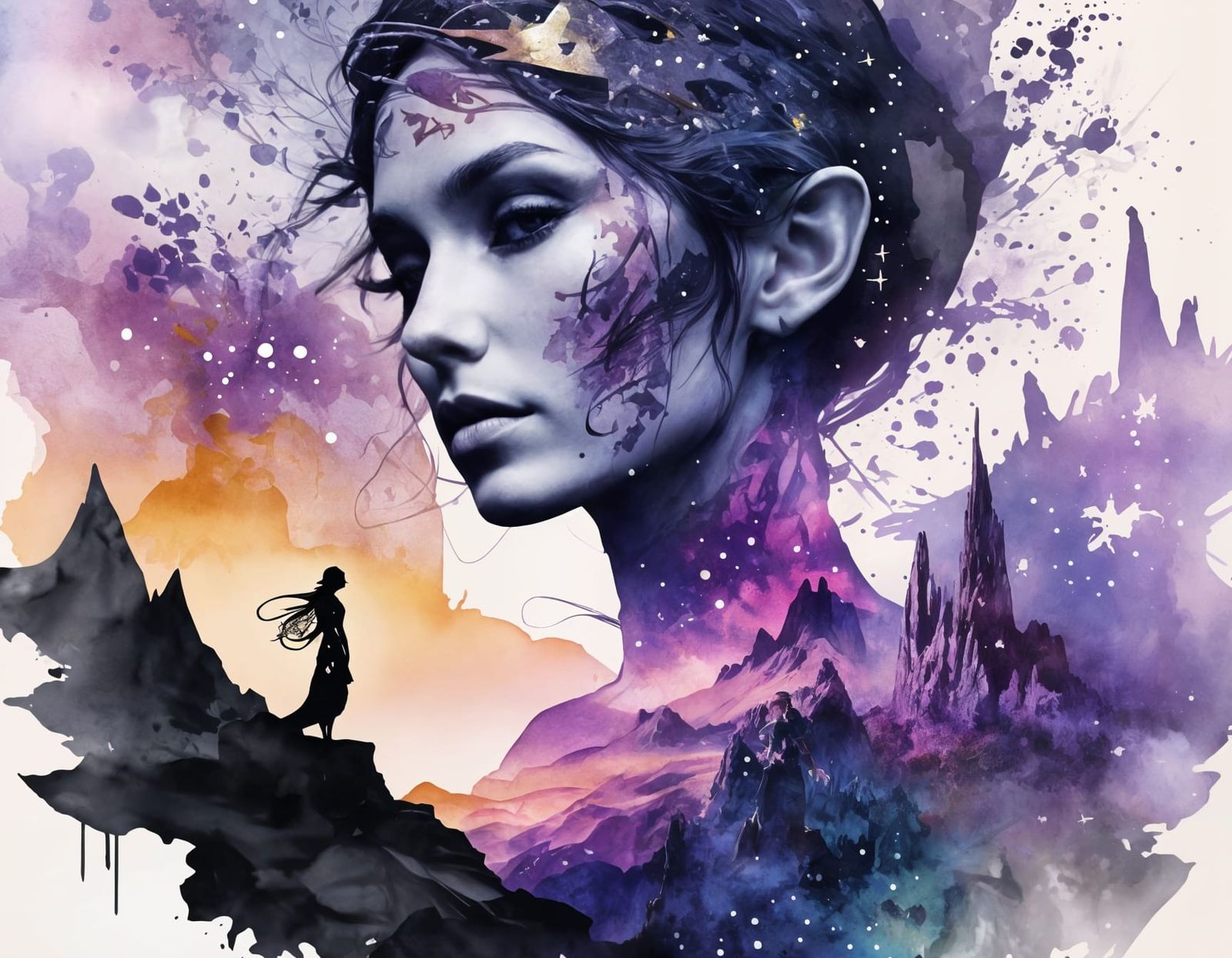 Elven Dress with Cosmic Landscape Watercolour Splash Art