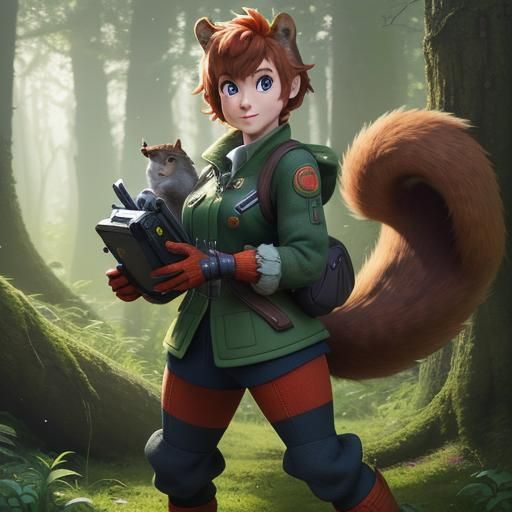 Squirrel Girl, Heroic Anime Art in Lush Forest