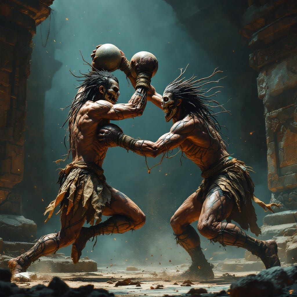 Mayan Boxers in Mystical Combat, Dark Fantasy Art