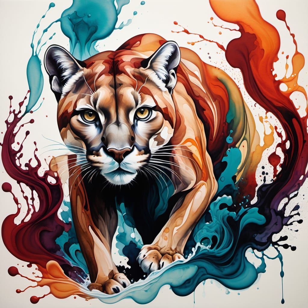 An abstract fluid painting of a cougar running in a mountain...