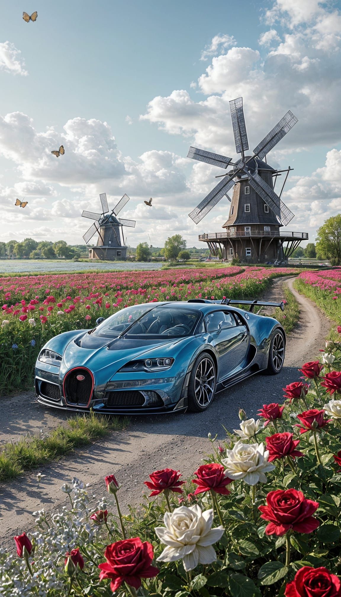 Bugatti Bolide in Dutch Rose Field, Spring Landscape