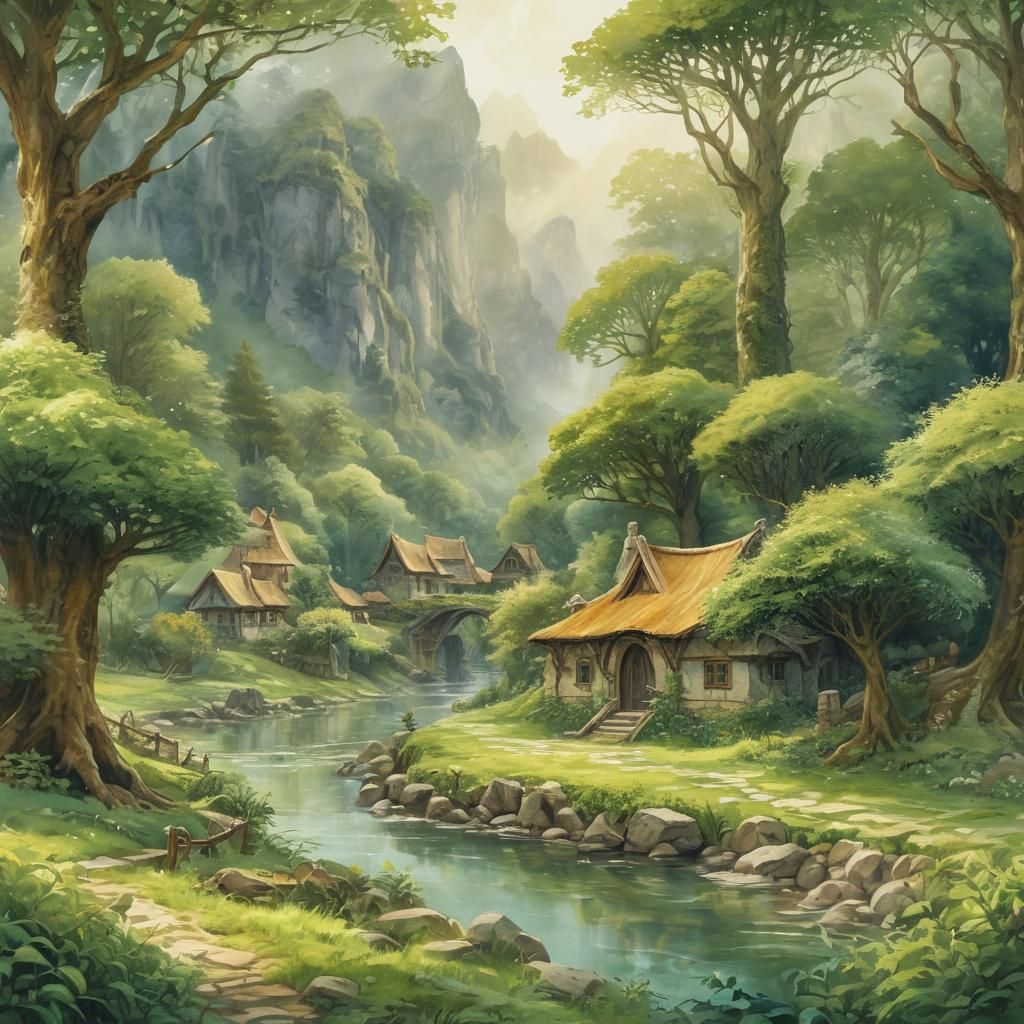 Elven Rivendell in Lush Valley, Watercolor Painting