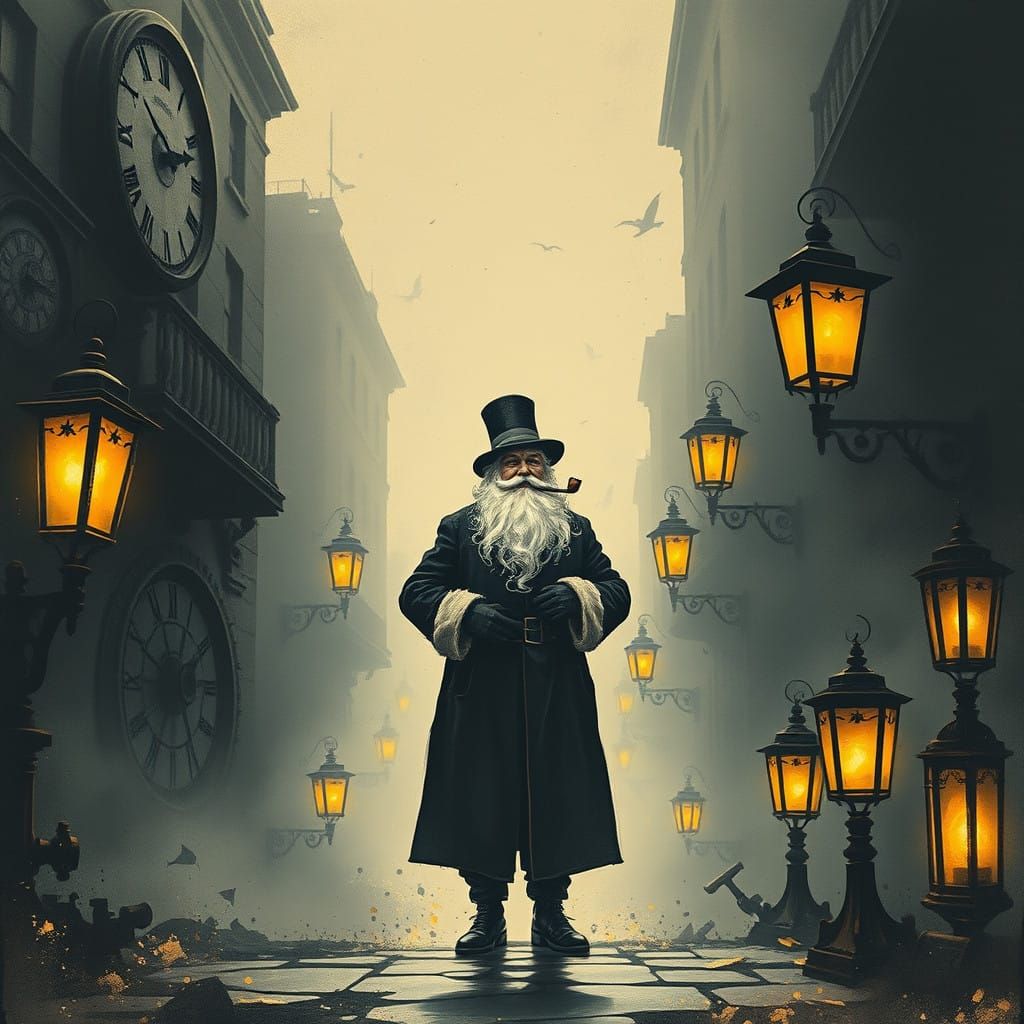 Modern Steampunk Santa in Foggy City Street