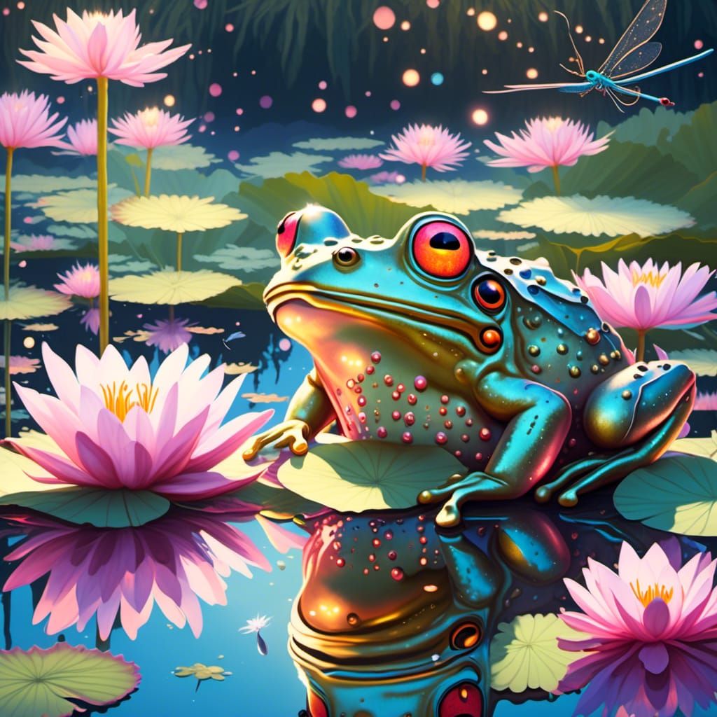 Metallic Frog Captures Dragonfly in Lily Pond