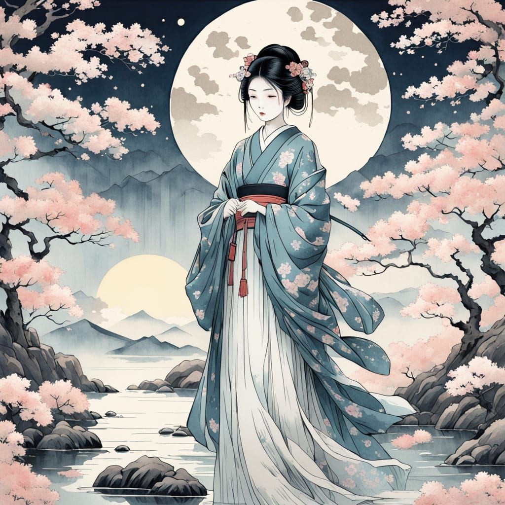 Ethereal Geisha Basks in Moonlit Cherry Blossom Wonderland