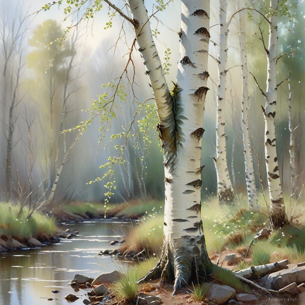Early Spring Birch Tree Watercolor Painting