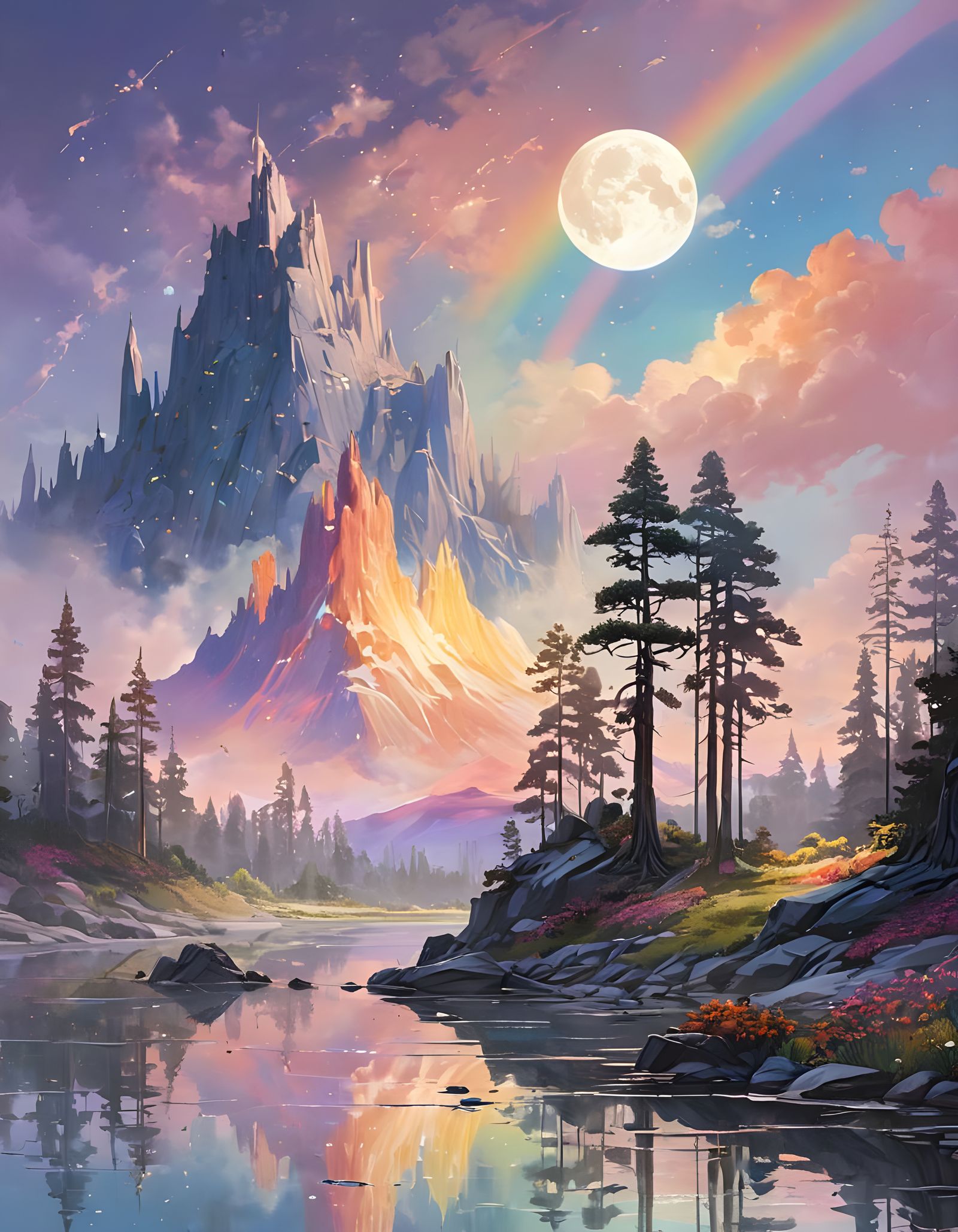 Surreal Enchanted Wonderland Under Pastel Rainbow Moonlight