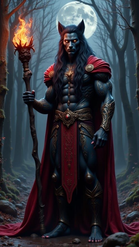 Hyperrealistic Wiccan Sorcerer in Dark Forest