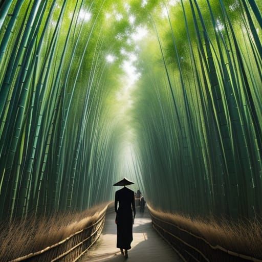 A beautiful dense bamboo forest in Vietnam, sun-dappled, swa...