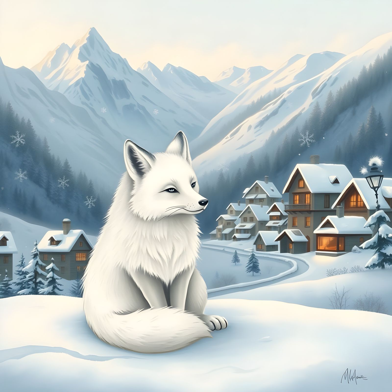 Arctic Fox Near Snowy Alpine Village
