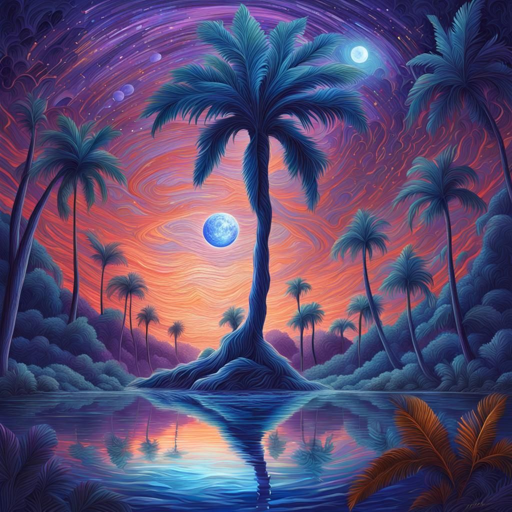 Cosmic Palm Under Moonlight: Holographic Astral Illustration