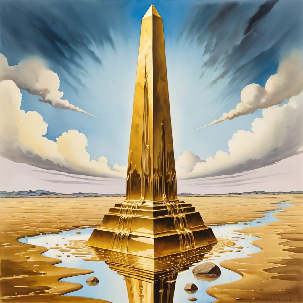 Surreal Melting Golden Obelisk as Watercolor