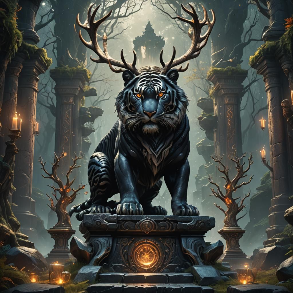 Black Tiger with Antlers Guarding Magical Altar