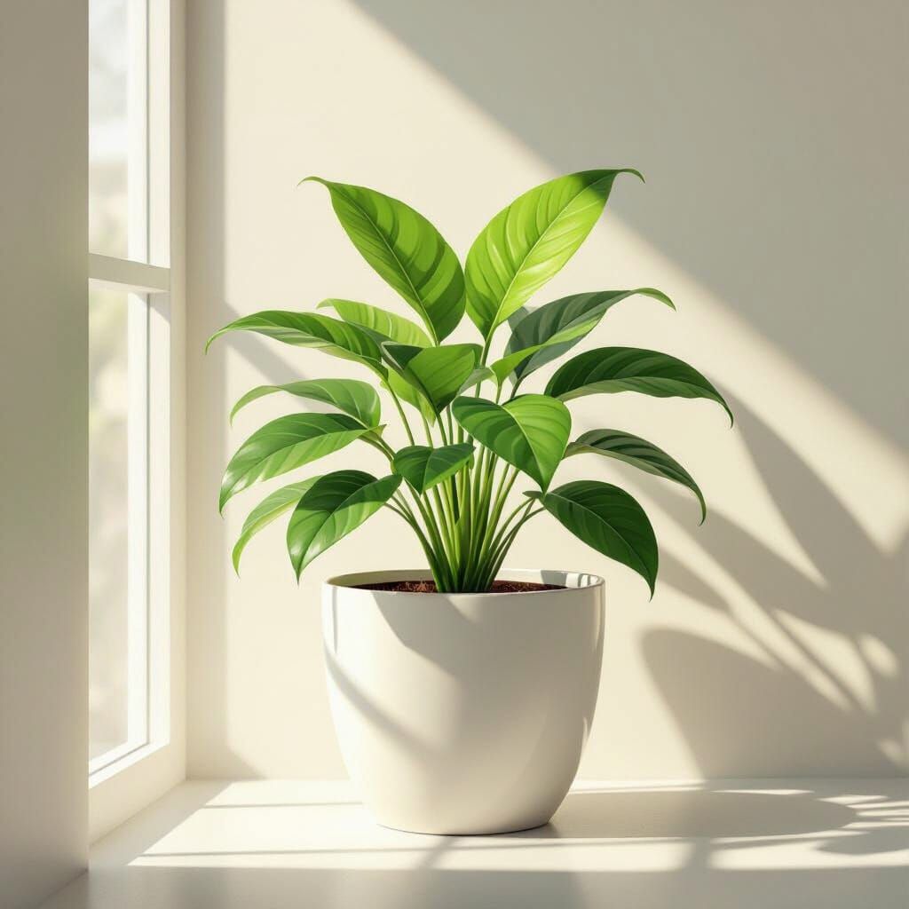 Lush Green Potted Plant in White Ceramic Pot, Minimalist Ill...