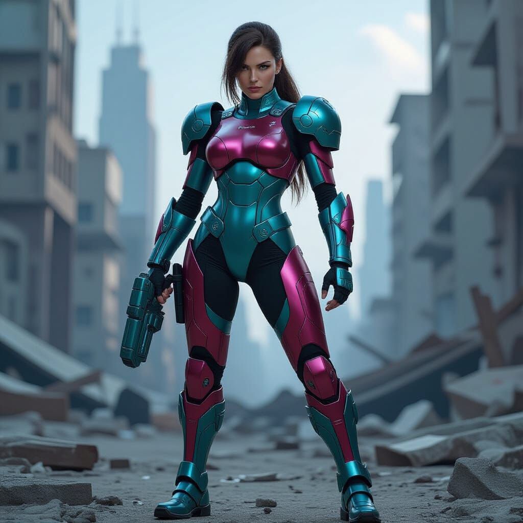 Futuristic Warrior in Ruined City, Sci-Fi Concept Art