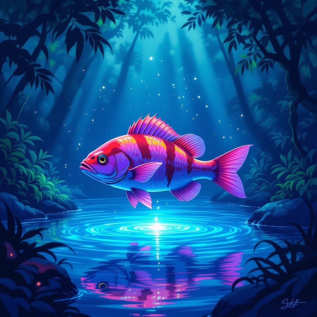 Bioluminescent Tiger Fish in Lush Forest Pool
