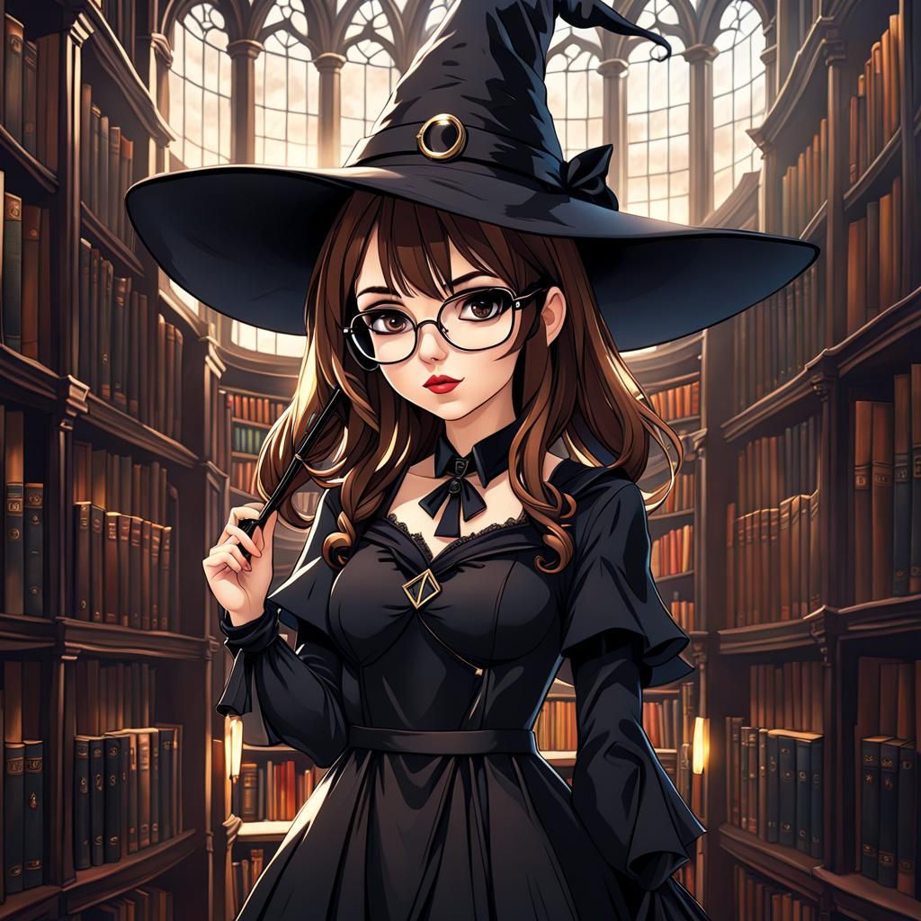 Girl in Witch Hat in Library: Digital Matte Painting