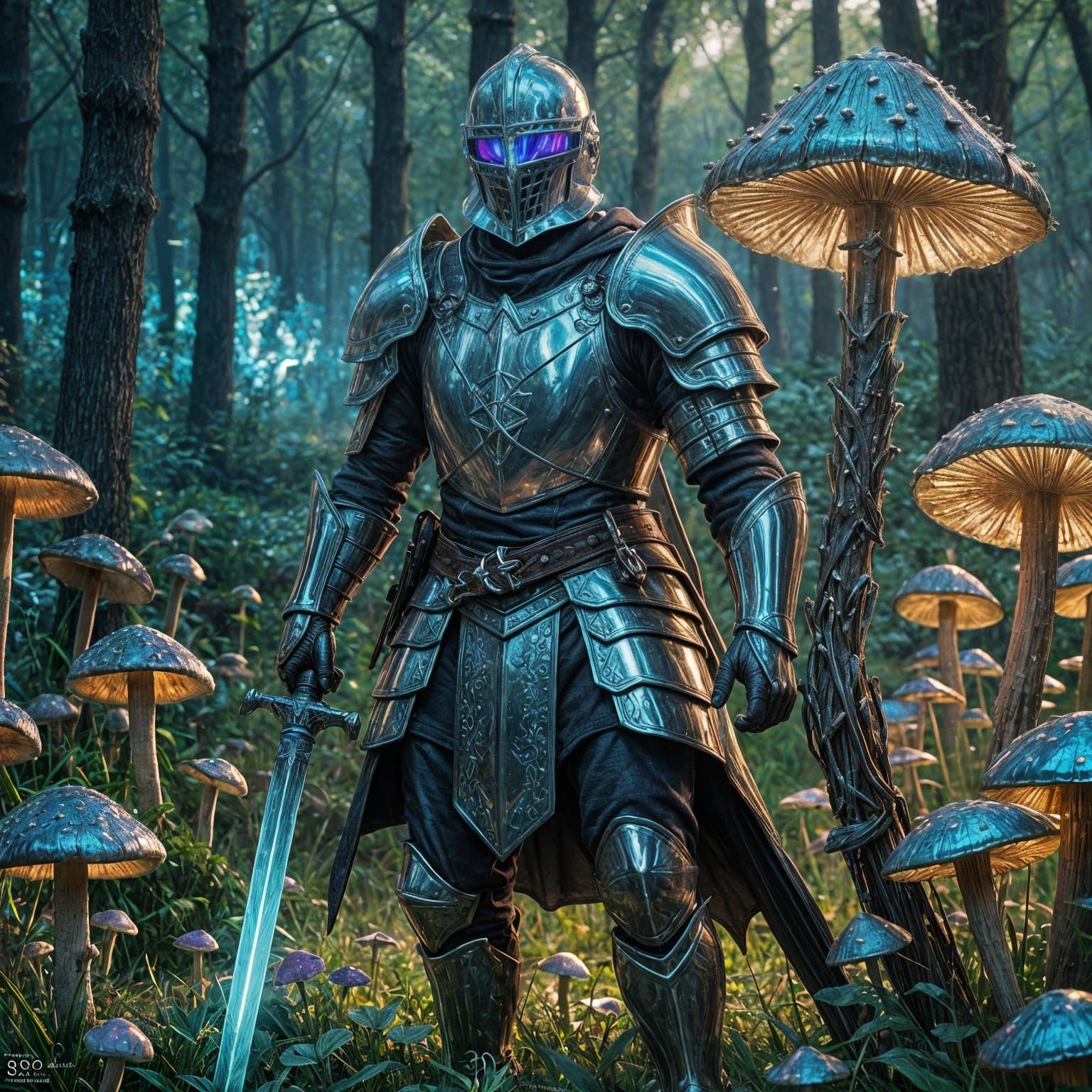 Iridescent Knight in Glowing Mushroom Field