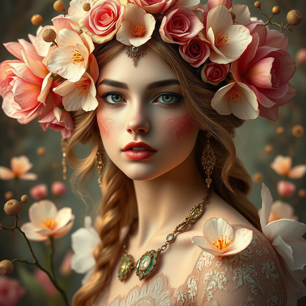 Ethereal Flower Girl Portrait in Art Nouveau Style