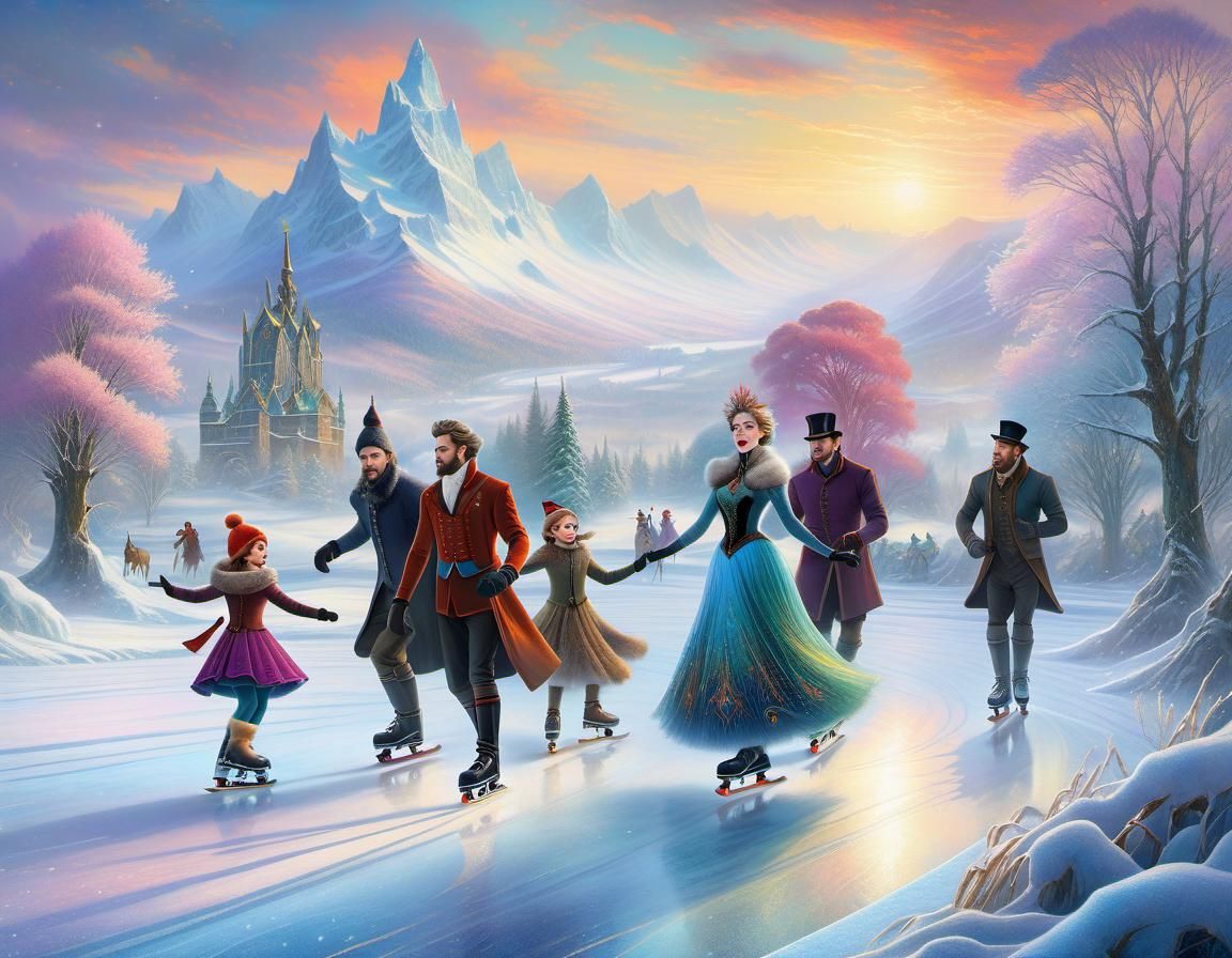 Family Ice Skating in Winter Wonderland