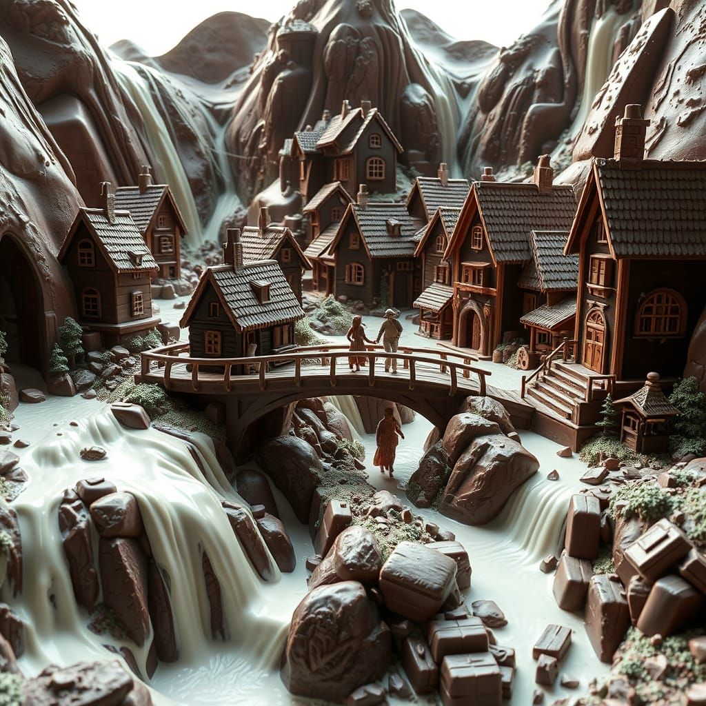 Chocolate Village with Chocolate River, Hyperrealistic