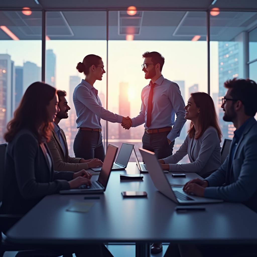 Diverse Teamwork in a Futuristic Meeting Room