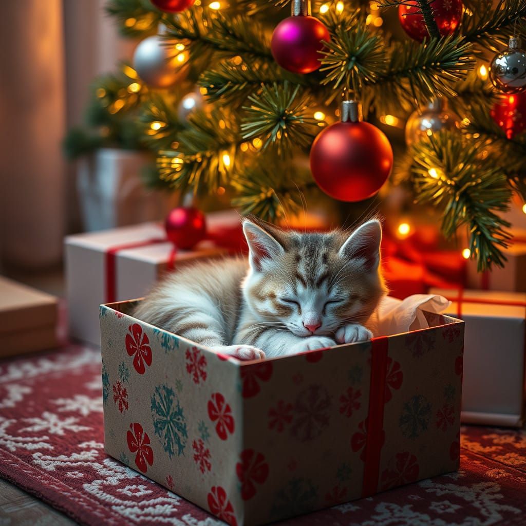 Whimsical Christmas Scene with Napping Kitten
