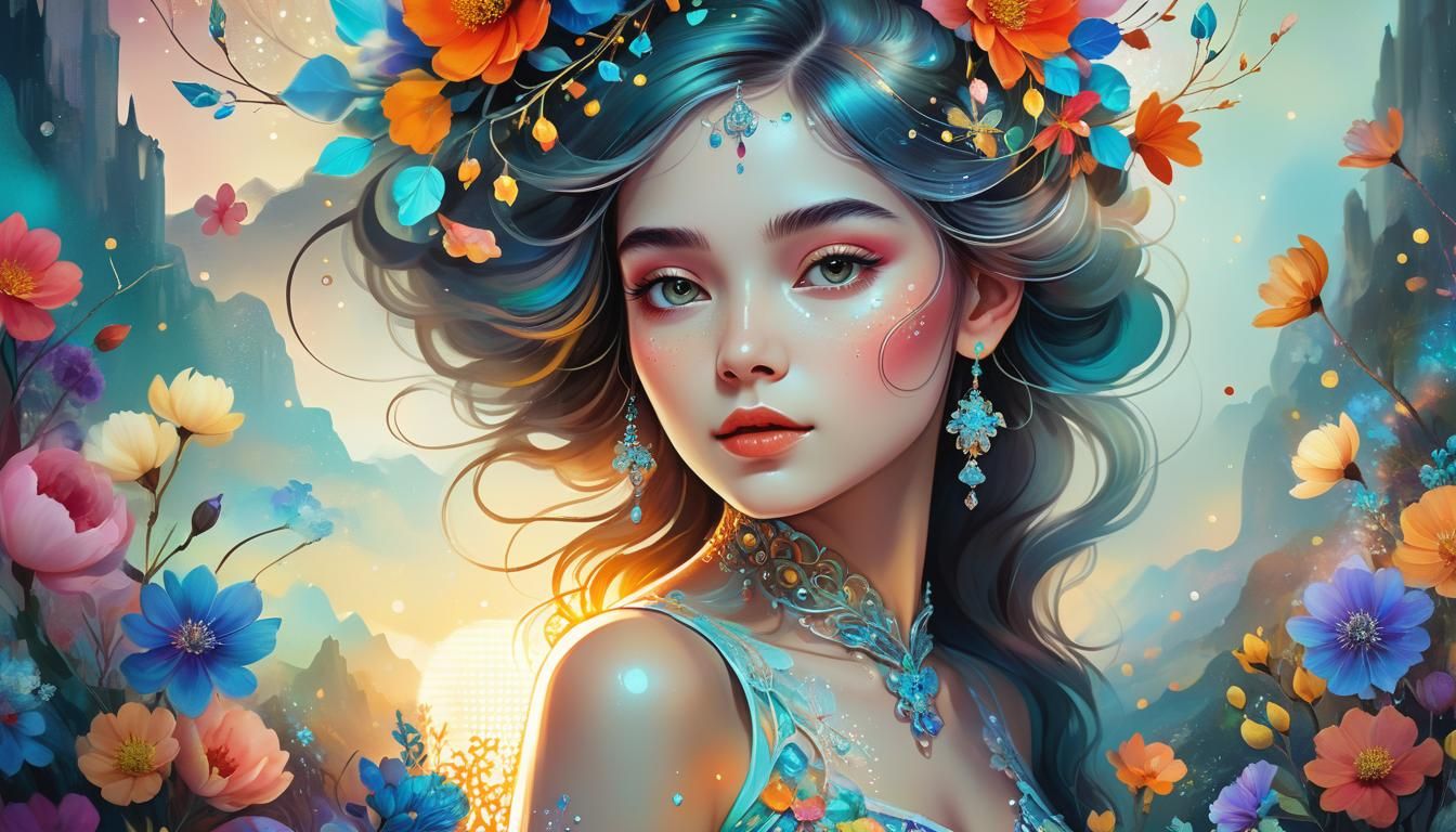 Floral Fantasy Lady in Mixed Media Illustration