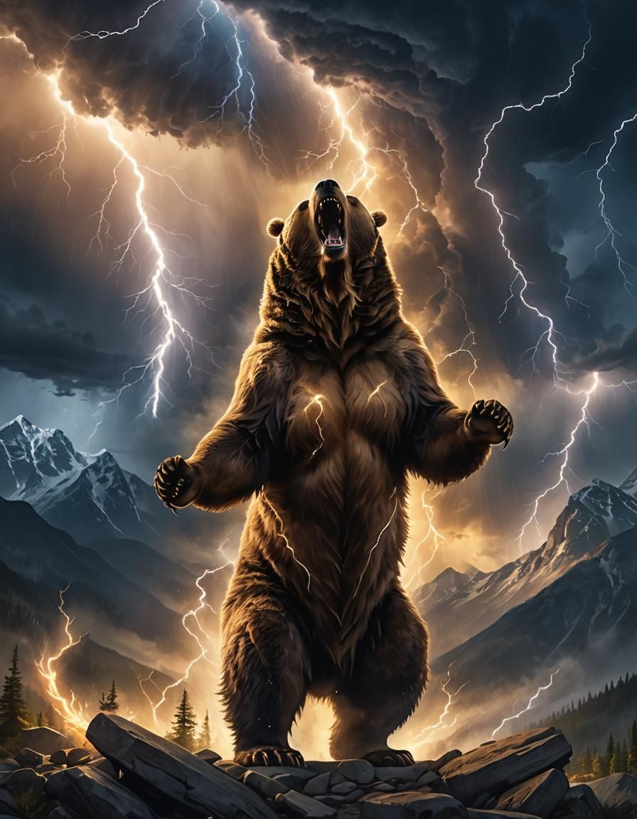 Grizzly Bear Roars at Stormy Sky