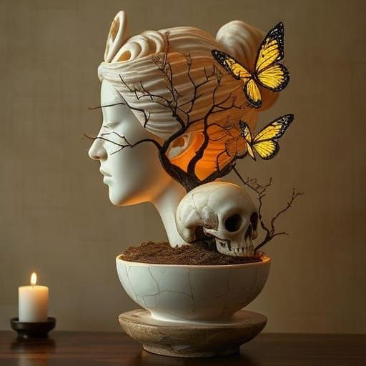 Korean Woman Bust with Bonsai Garden in Marble