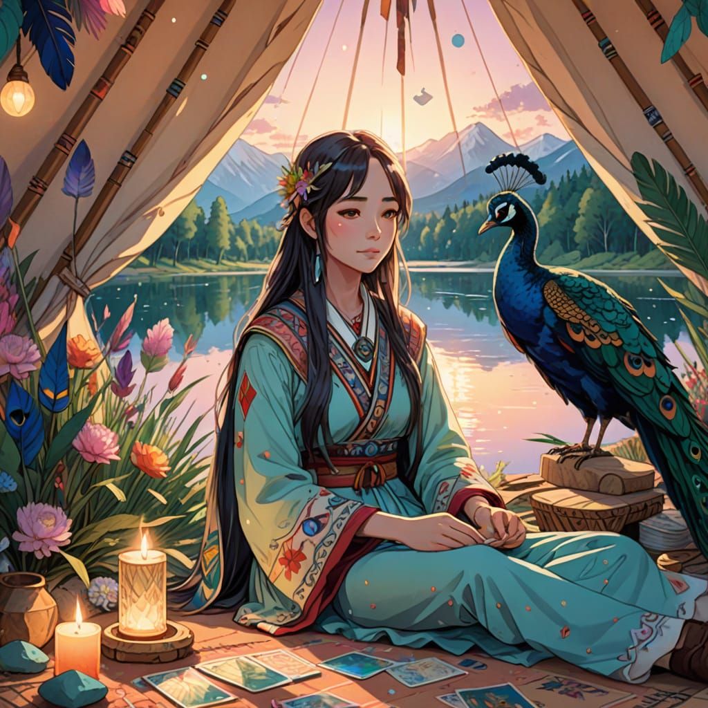 Anime Girl with Peacock and Tarot Cards