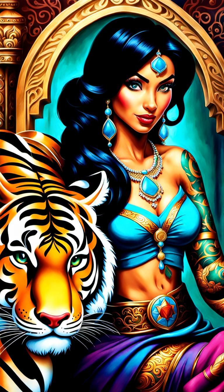 Tattooed Jasmine with Tiger: Photorealistic Disney Art