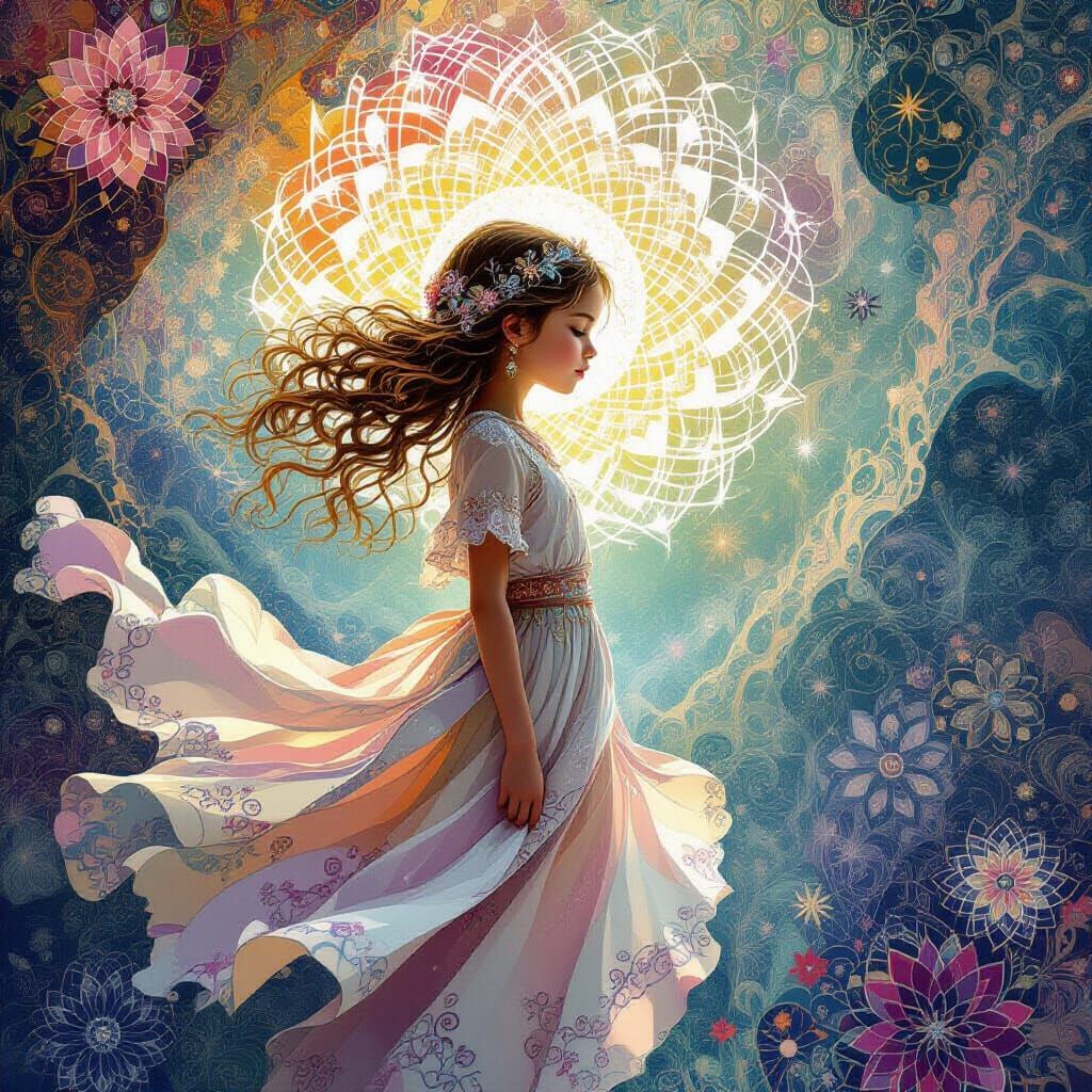 Dreamy Paradise: Girl in Fractal Zentangle Landscape